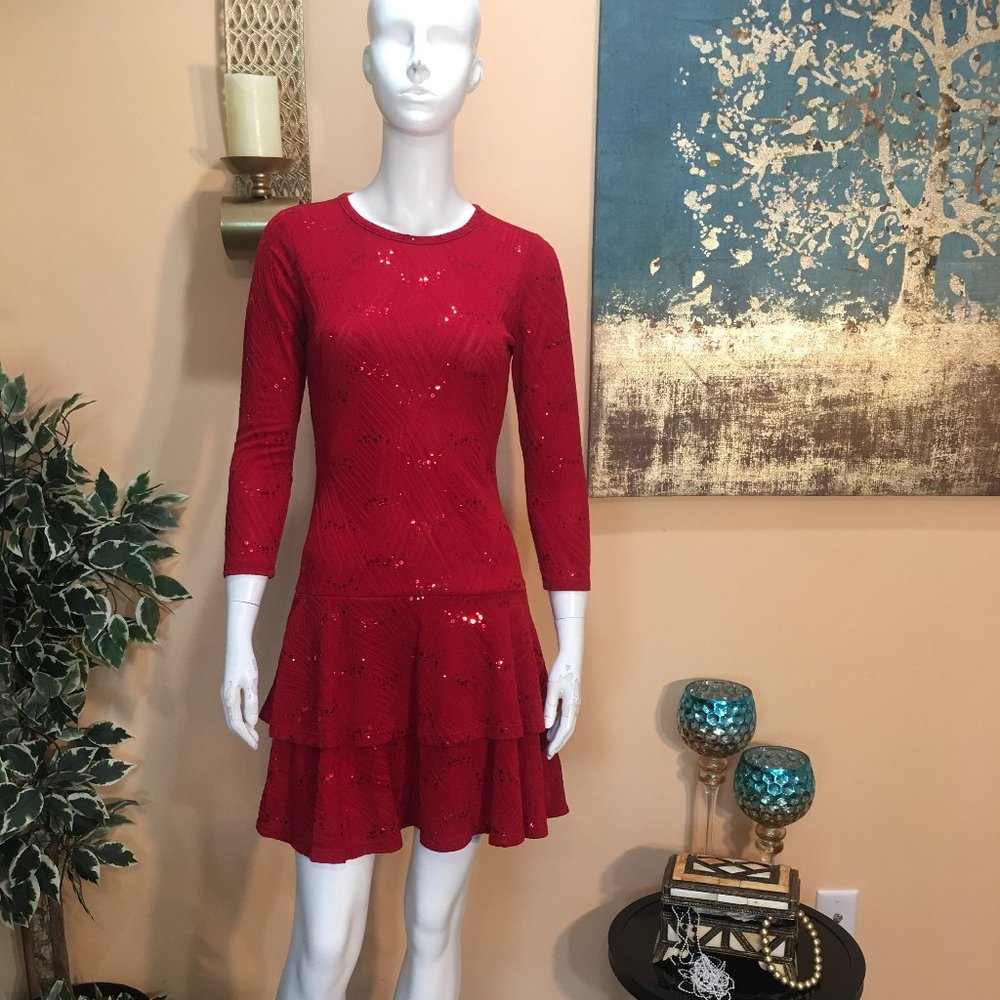 Michael Kors Red Sequined Textured  Tiered Dress size xs